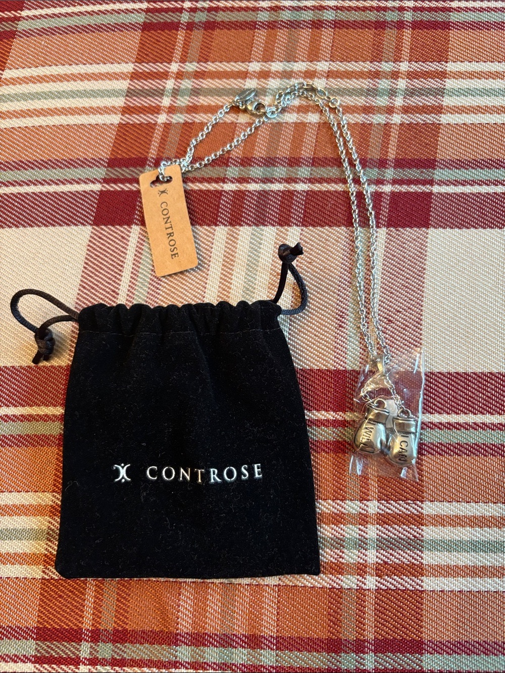 Controse Silver Boxing Gloves Charm Necklace with Black Velvet Pouch